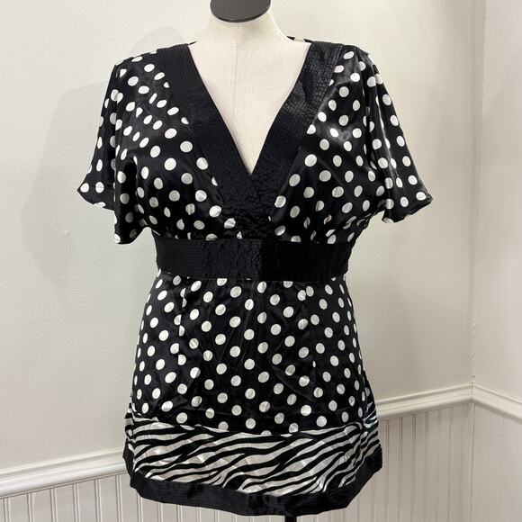 Vintage Y2K Size XL Babydoll Top BCBGMaxAzria Polka Dot Zebra Plunge Neck - Picture 1 of 12